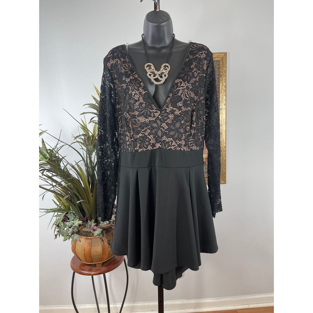 Evogues Dress Women's 2XL Black Floral Lace Overlay Pleated Long Sleeve Academia